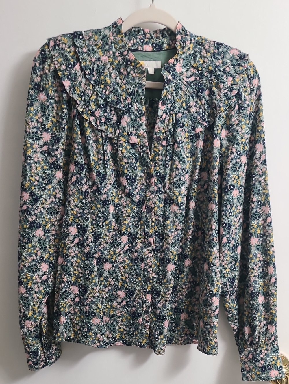 Boden Women's Cottage Core Green Multi Floral Ruffle-Front Button Down Shirt S 8